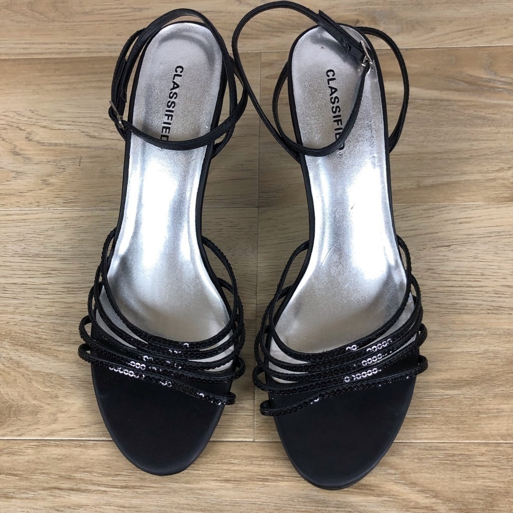 Black Sequined Evening Shoes with Ankle Strap Sz9